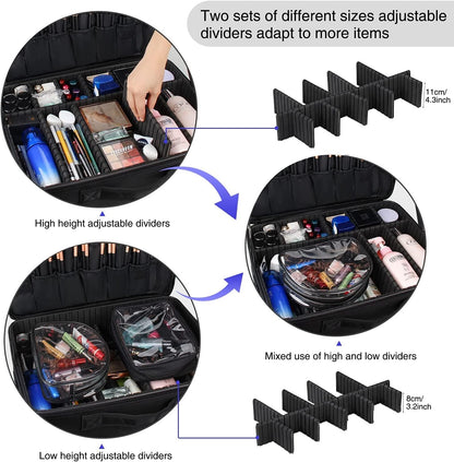 Extra Large Makeup Case with Plastic Dividers Washable and Easy to Clean, Travel Makeup Train Case Professional Makeup Artist Bag Portable Nail Organizer Box Art Supply Case (Black)
