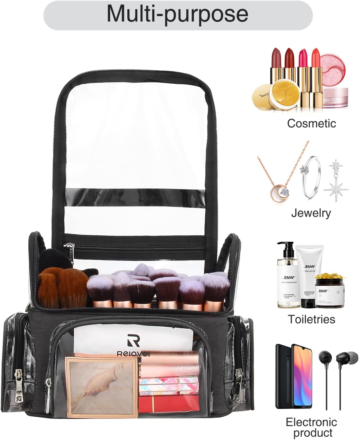 Extra Large Makeup Case with Plastic Dividers Washable and Easy to Clean, Travel Makeup Train Case Professional Makeup Artist Bag Portable Nail Organizer Box Art Supply Case (Black)