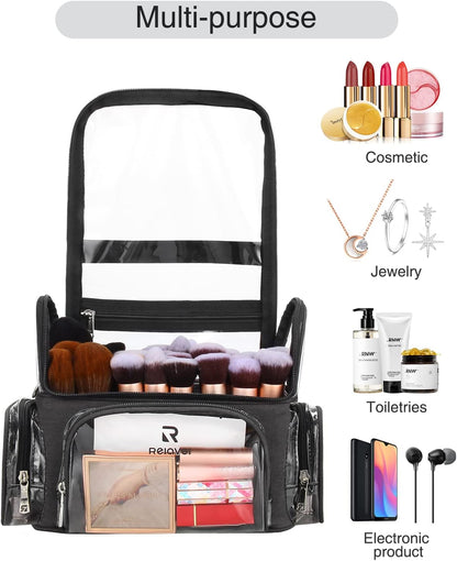 Extra Large Makeup Case with Plastic Dividers Washable and Easy to Clean, Travel Makeup Train Case Professional Makeup Artist Bag Portable Nail Organizer Box Art Supply Case (Black)
