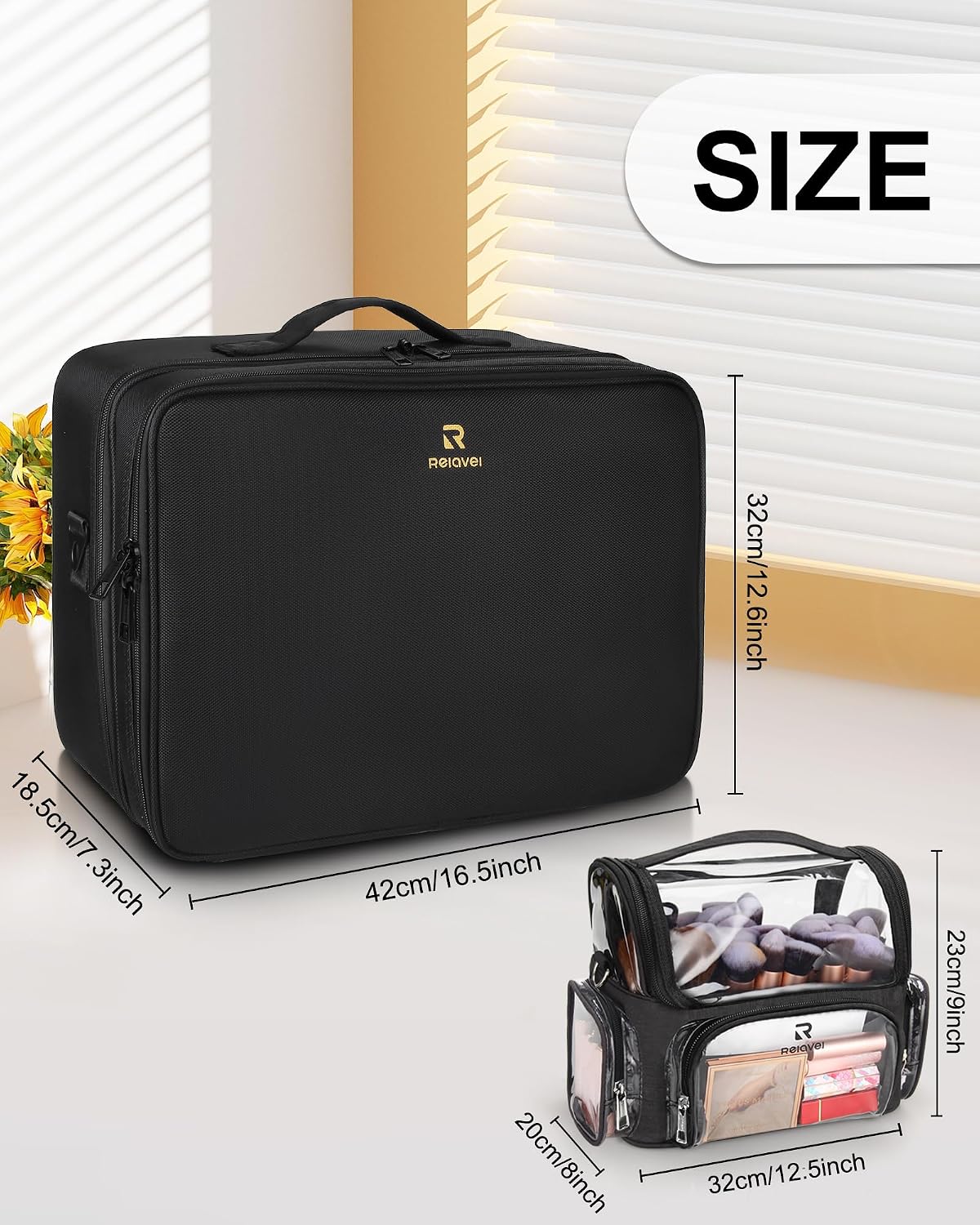 Extra Large Makeup Case with Plastic Dividers Washable and Easy to Clean, Travel Makeup Train Case Professional Makeup Artist Bag Portable Nail Organizer Box Art Supply Case (Black)
