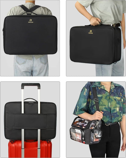 Extra Large Makeup Case with Plastic Dividers Washable and Easy to Clean, Travel Makeup Train Case Professional Makeup Artist Bag Portable Nail Organizer Box Art Supply Case (Black)