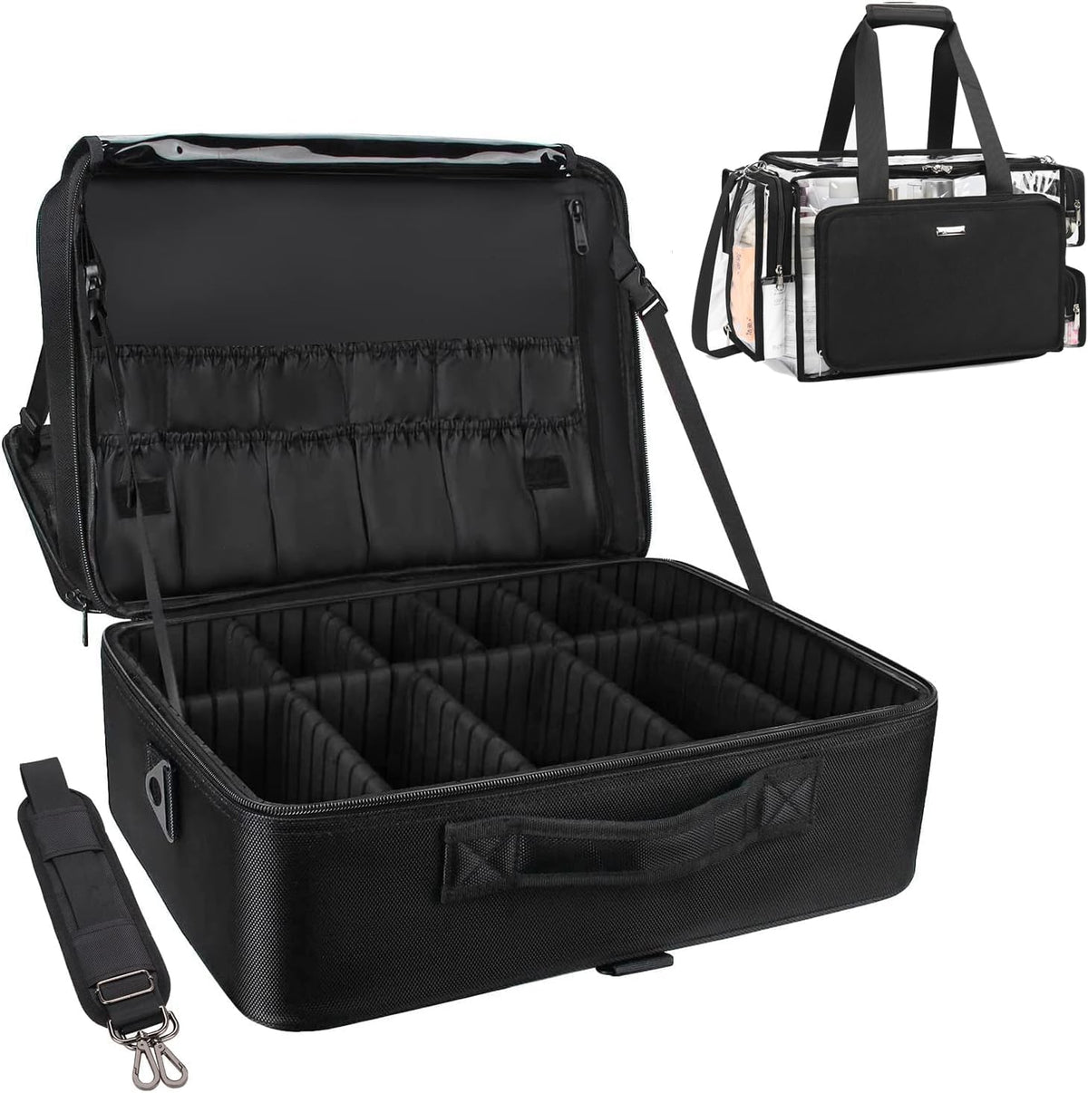 Extra Large Makeup Case with Plastic Dividers Washable and Easy to Clean, Travel Makeup Train Case Professional Makeup Artist Bag Portable Nail Organizer Box Art Supply Case (Black)