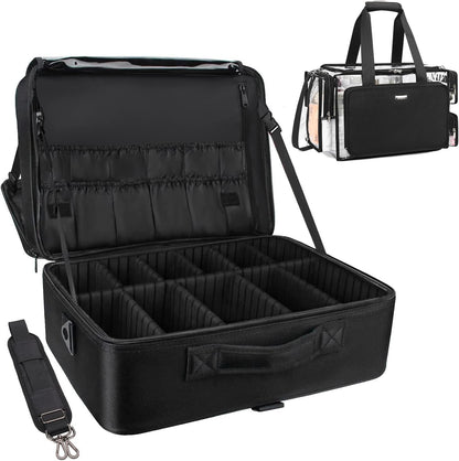 Extra Large Makeup Case with Plastic Dividers Washable and Easy to Clean, Travel Makeup Train Case Professional Makeup Artist Bag Portable Nail Organizer Box Art Supply Case (Black)