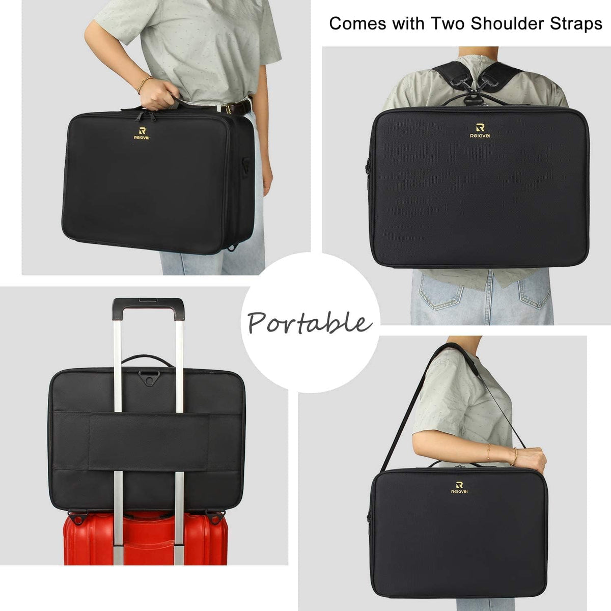 Extra Large Makeup Case with Plastic Dividers Washable and Easy to Clean, Travel Makeup Train Case Professional Makeup Artist Bag Portable Nail Organizer Box Art Supply Case (Black)