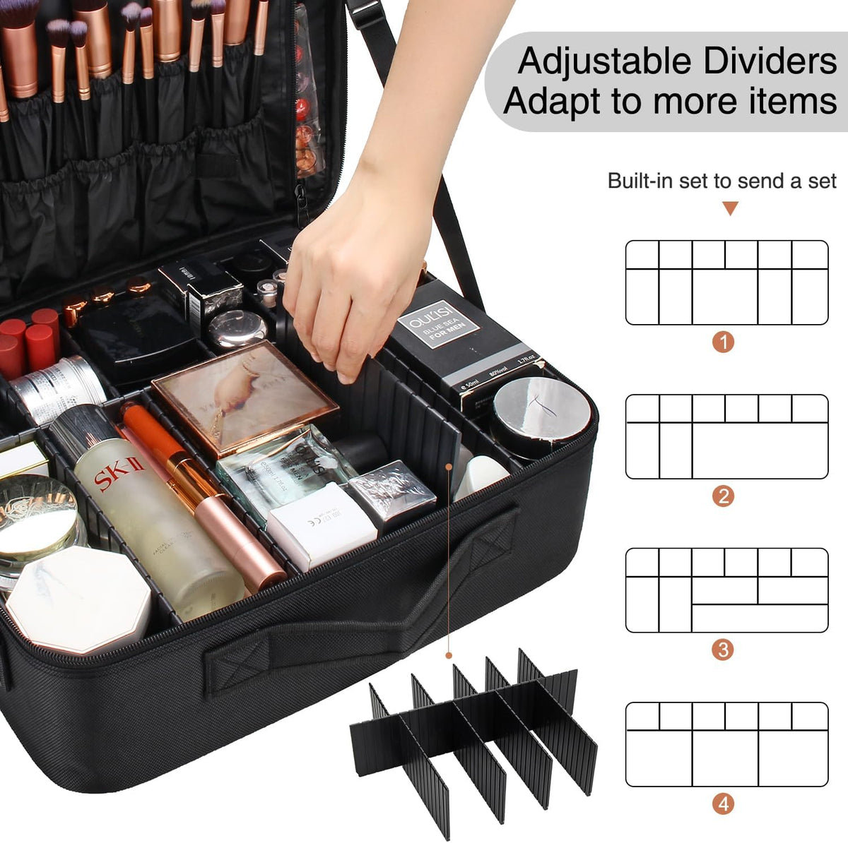 Extra Large Makeup Case with Plastic Dividers Washable and Easy to Clean, Travel Makeup Train Case Professional Makeup Artist Bag Portable Nail Organizer Box Art Supply Case (Black)
