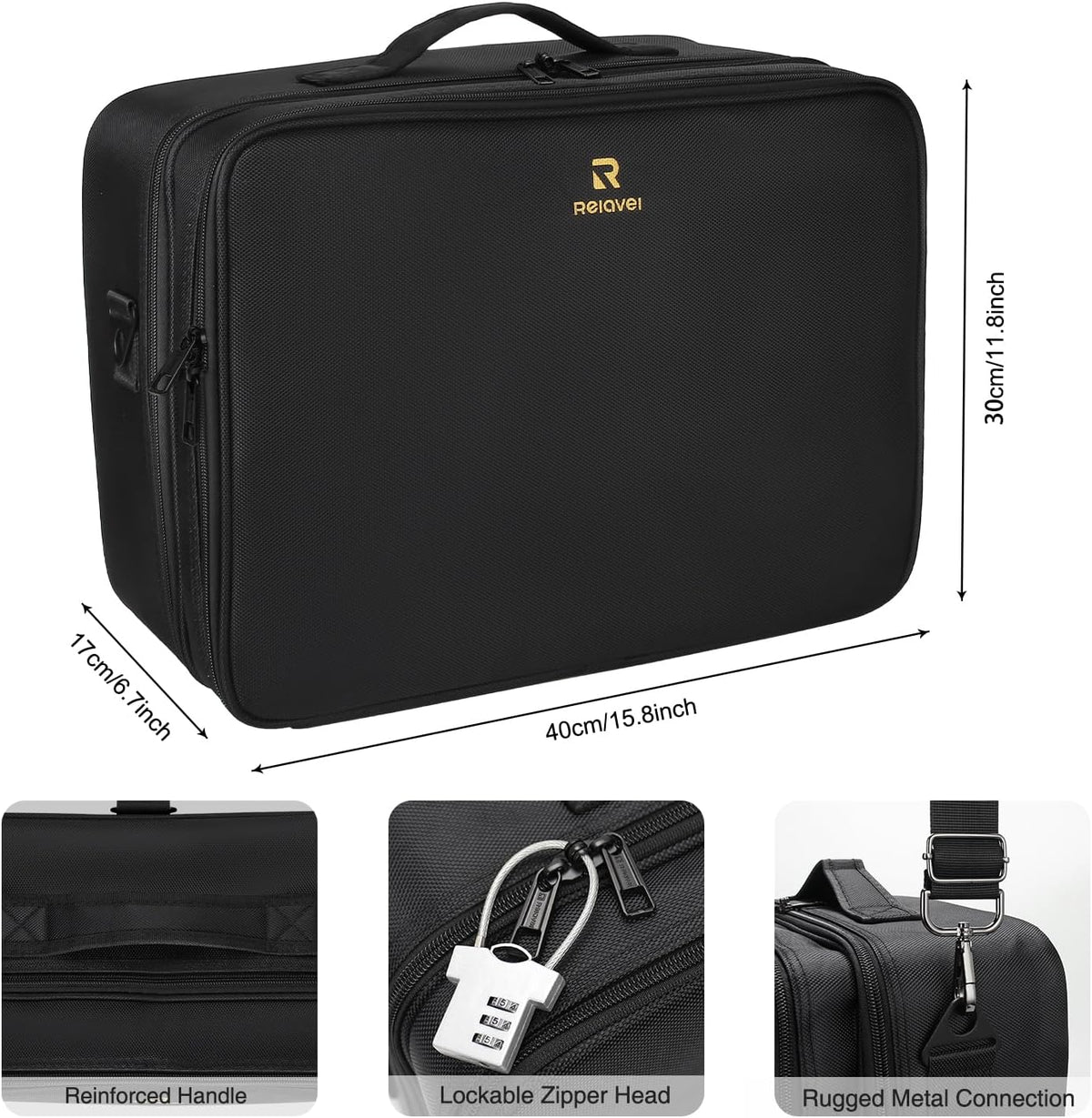 Extra Large Makeup Case with Plastic Dividers Washable and Easy to Clean, Travel Makeup Train Case Professional Makeup Artist Bag Portable Nail Organizer Box Art Supply Case (Black)