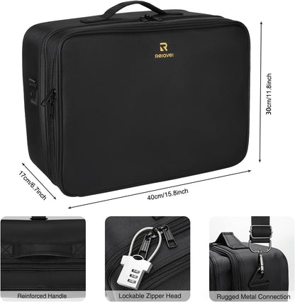 Extra Large Makeup Case with Plastic Dividers Washable and Easy to Clean, Travel Makeup Train Case Professional Makeup Artist Bag Portable Nail Organizer Box Art Supply Case (Black)