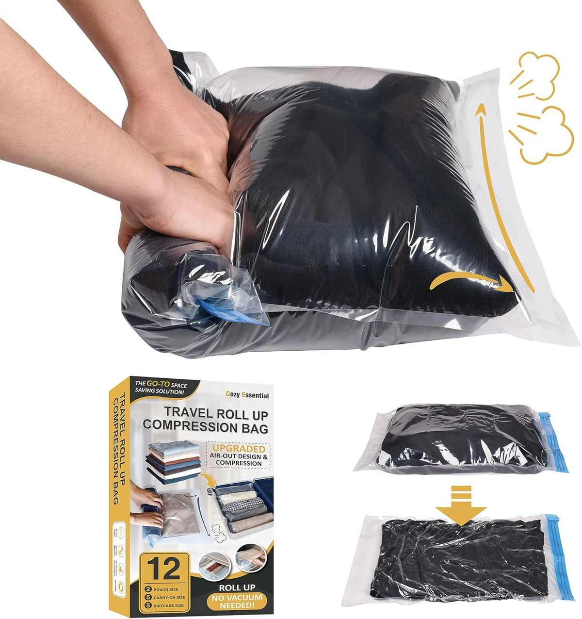 Compression Bags for Travel - Travel Essentials - 12 Pack Space Saver Plastic Packaging Bags - No Vacuum Needed - Compression Packing Bags for Cruise Accessories