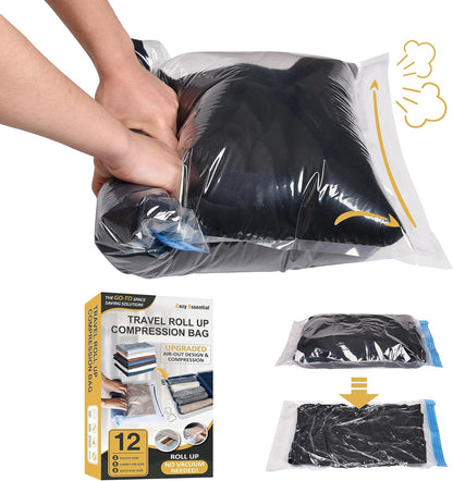 Compression Bags for Travel - Travel Essentials - 12 Pack Space Saver Plastic Packaging Bags - No Vacuum Needed - Compression Packing Bags for Cruise Accessories