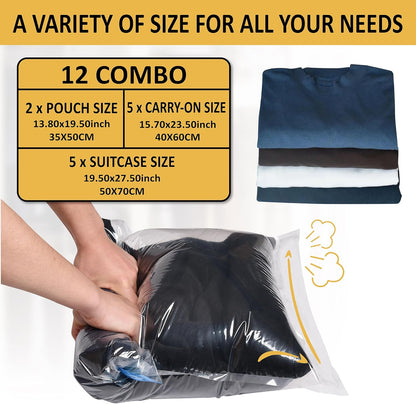 Compression Bags for Travel - Travel Essentials - 12 Pack Space Saver Plastic Packaging Bags - No Vacuum Needed - Compression Packing Bags for Cruise Accessories