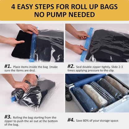Compression Bags for Travel - Travel Essentials - 12 Pack Space Saver Plastic Packaging Bags - No Vacuum Needed - Compression Packing Bags for Cruise Accessories