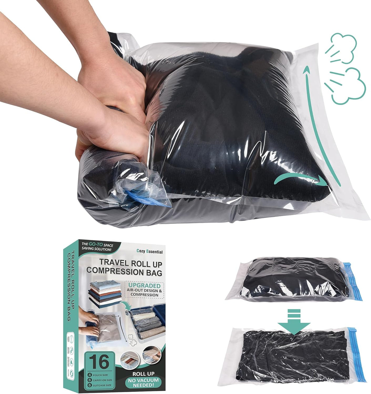 Compression Bags for Travel - Travel Essentials - 12 Pack Space Saver Plastic Packaging Bags - No Vacuum Needed - Compression Packing Bags for Cruise Accessories