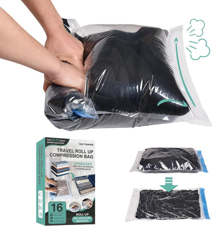 Compression Bags for Travel - Travel Essentials - 12 Pack Space Saver Plastic Packaging Bags - No Vacuum Needed - Compression Packing Bags for Cruise Accessories