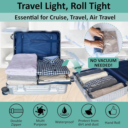 Compression Bags for Travel - Travel Essentials - 12 Pack Space Saver Plastic Packaging Bags - No Vacuum Needed - Compression Packing Bags for Cruise Accessories