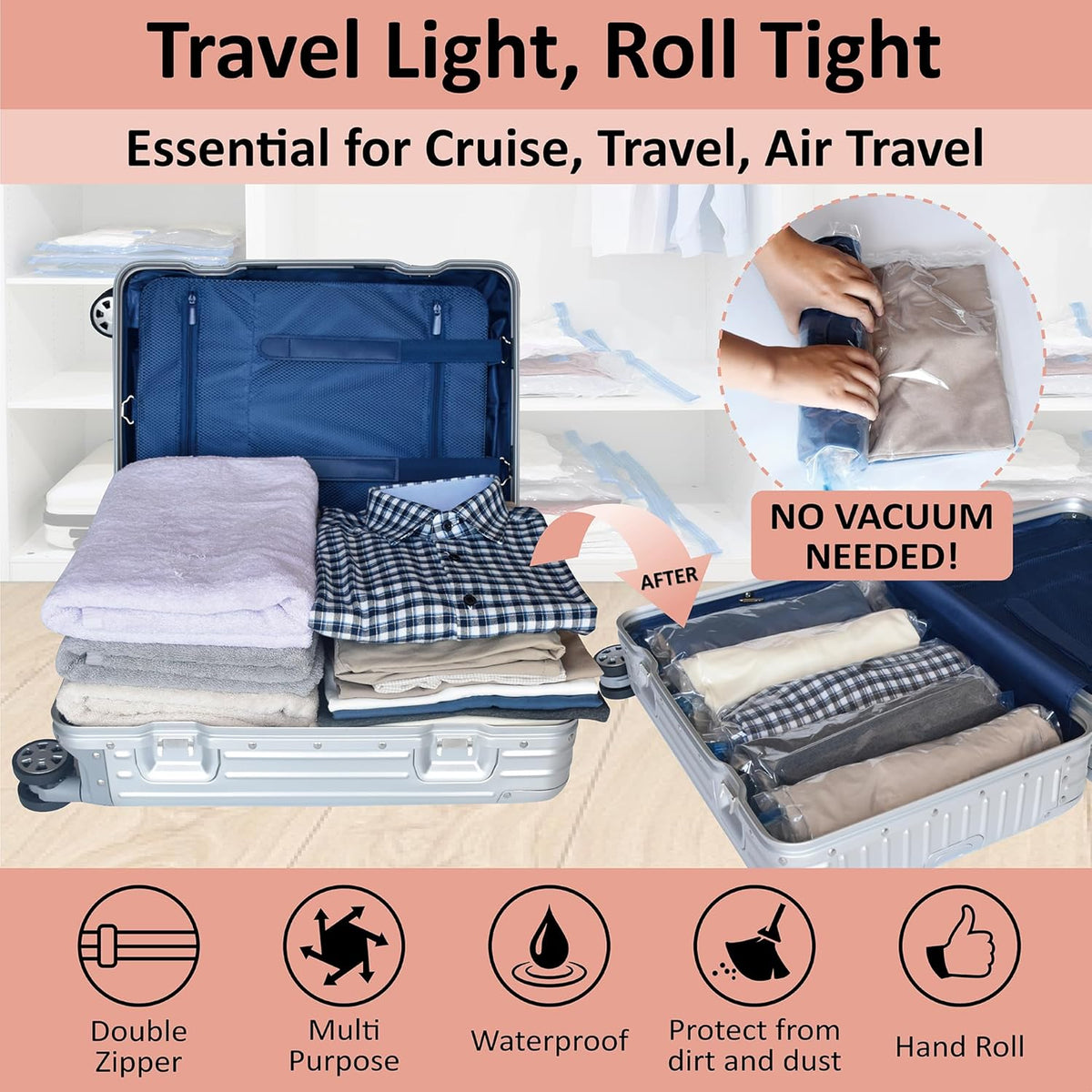 Compression Bags for Travel - Travel Essentials - 12 Pack Space Saver Plastic Packaging Bags - No Vacuum Needed - Compression Packing Bags for Cruise Accessories