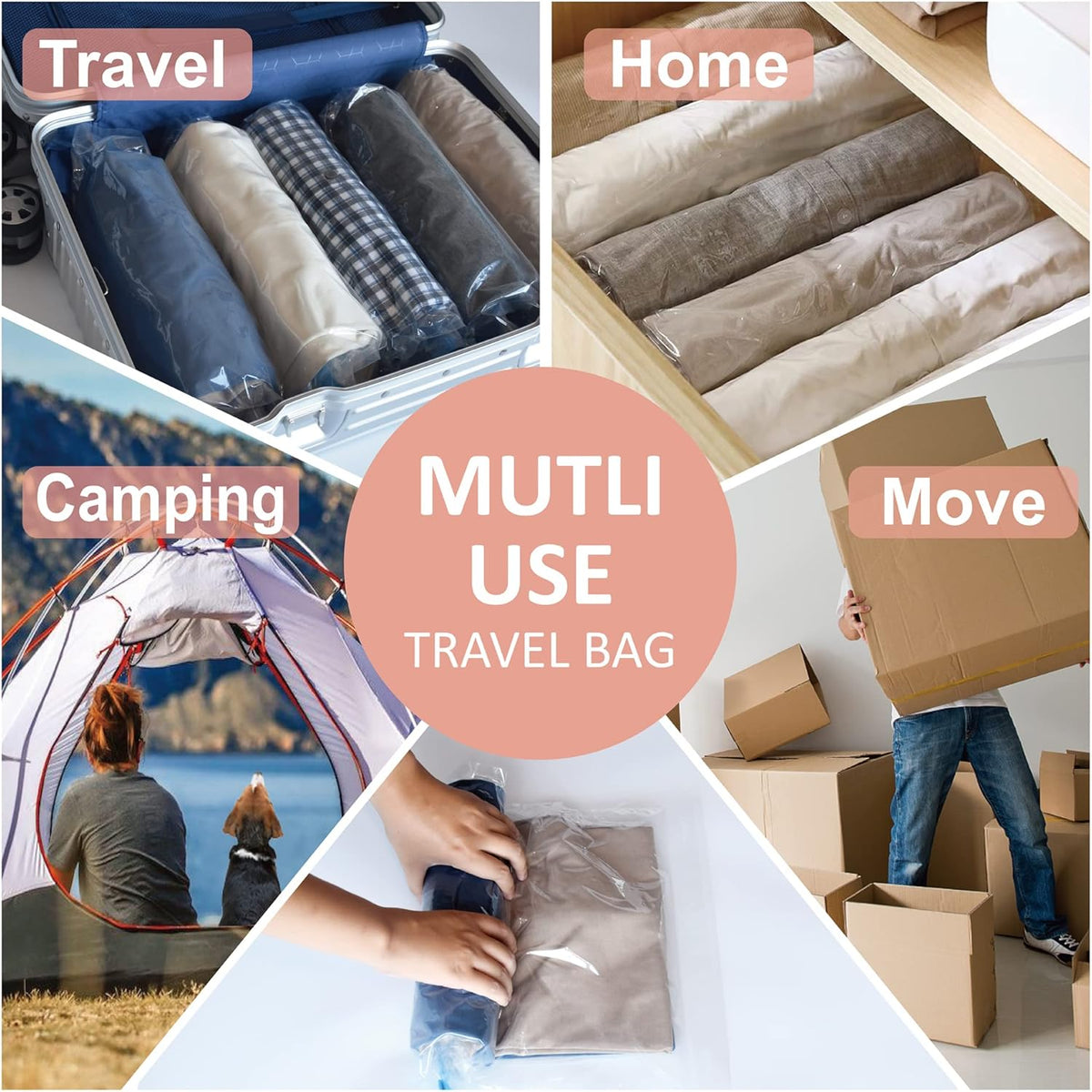 Compression Bags for Travel - Travel Essentials - 12 Pack Space Saver Plastic Packaging Bags - No Vacuum Needed - Compression Packing Bags for Cruise Accessories