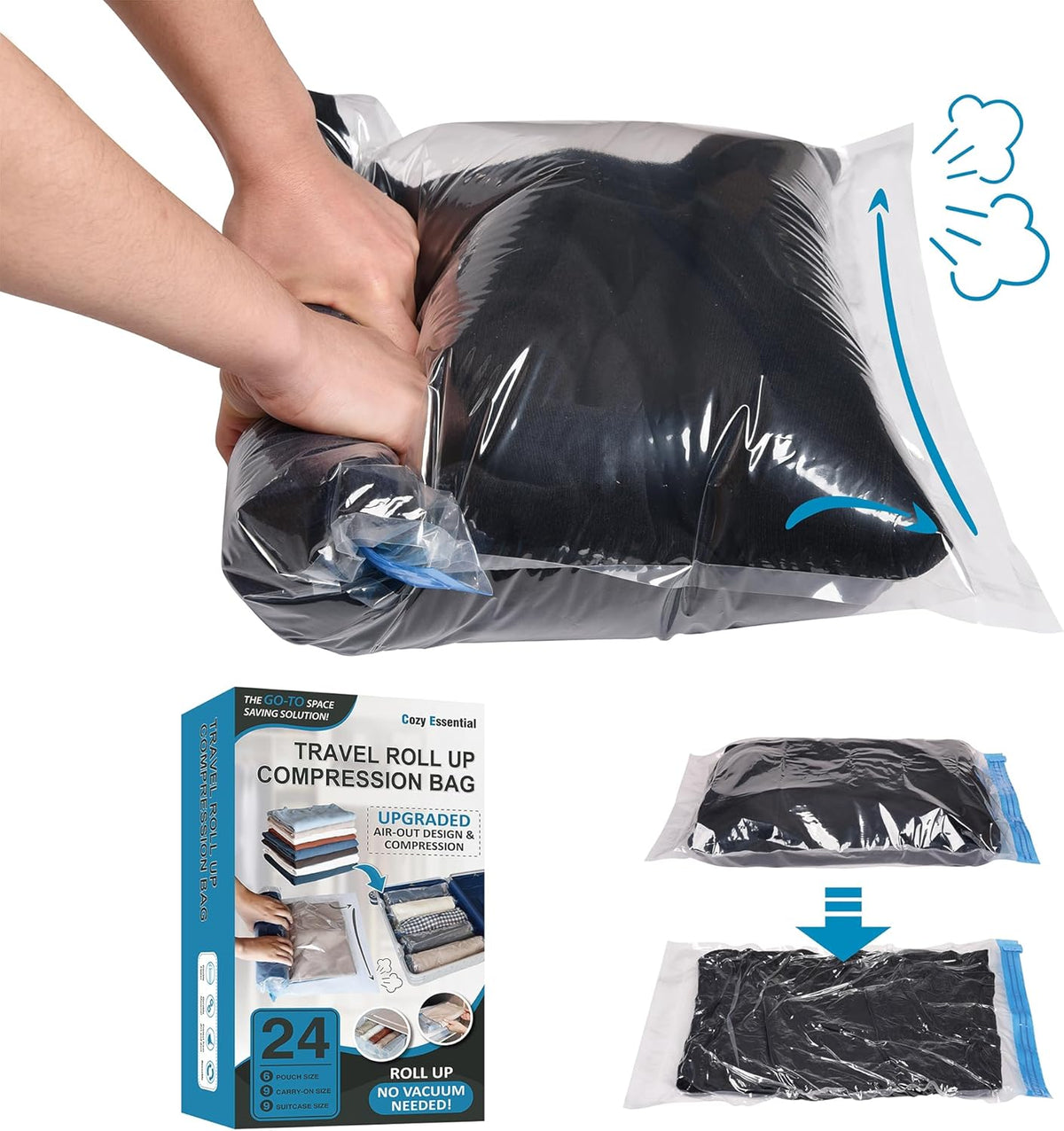 Compression Bags for Travel - Travel Essentials - 12 Pack Space Saver Plastic Packaging Bags - No Vacuum Needed - Compression Packing Bags for Cruise Accessories