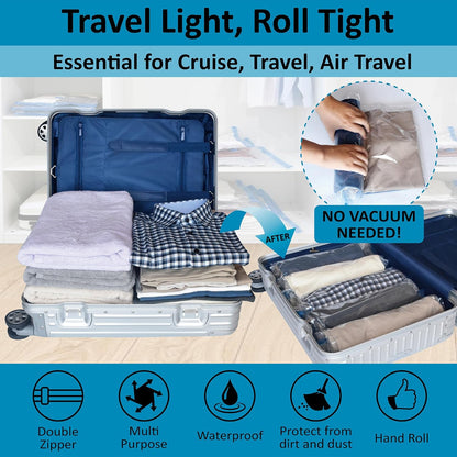 Compression Bags for Travel - Travel Essentials - 12 Pack Space Saver Plastic Packaging Bags - No Vacuum Needed - Compression Packing Bags for Cruise Accessories