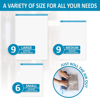 Compression Bags for Travel - Travel Essentials - 12 Pack Space Saver Plastic Packaging Bags - No Vacuum Needed - Compression Packing Bags for Cruise Accessories