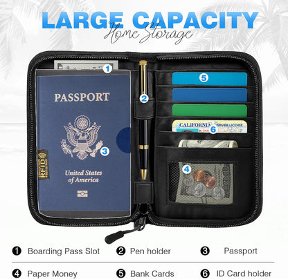 Passport Holder Family RFID Travel Document Organizer for Women Waterproof Passport Wallet Men Portable Case for Cards, Boarding Pass, ID, Money, Tickets with Zipper