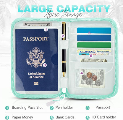 Passport Holder Family RFID Travel Document Organizer for Women Waterproof Passport Wallet Men Portable Case for Cards, Boarding Pass, ID, Money, Tickets with Zipper
