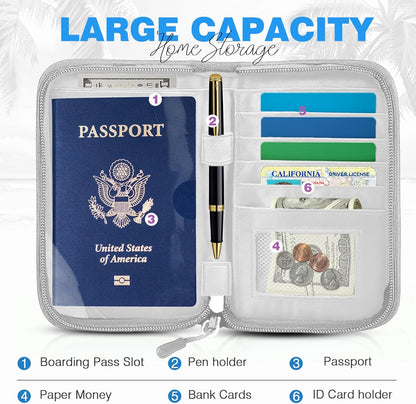 Passport Holder Family RFID Travel Document Organizer for Women Waterproof Passport Wallet Men Portable Case for Cards, Boarding Pass, ID, Money, Tickets with Zipper