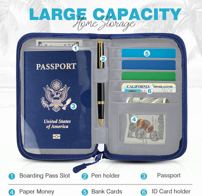Passport Holder Family RFID Travel Document Organizer for Women Waterproof Passport Wallet Men Portable Case for Cards, Boarding Pass, ID, Money, Tickets with Zipper