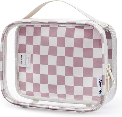 TSA Approved Clear Toiletry Bag for Travel, Waterproof PVC Clear Makeup Bags, Portable Compact Cosmetic Bag Make Up Organizer, Airport Airline Quart Size Compliant Bag (Dusty Pink Stripe)