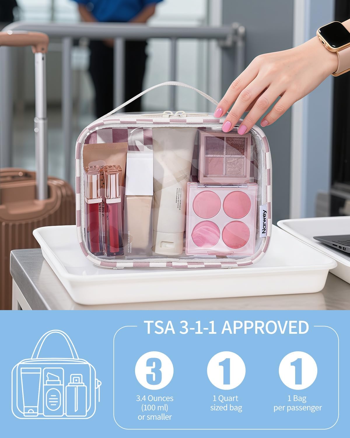 TSA Approved Clear Toiletry Bag for Travel, Waterproof PVC Clear Makeup Bags, Portable Compact Cosmetic Bag Make Up Organizer, Airport Airline Quart Size Compliant Bag (Dusty Pink Stripe)