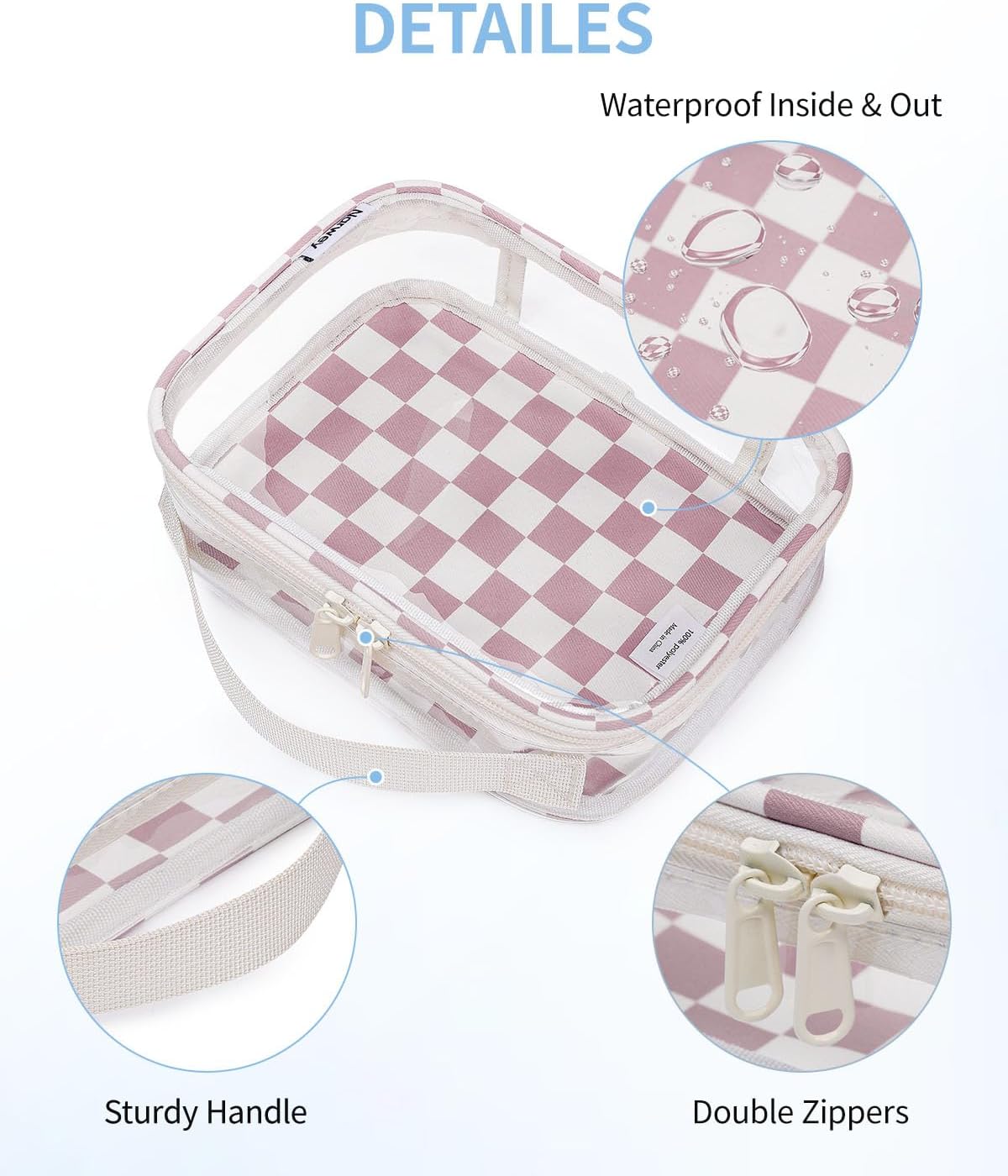 TSA Approved Clear Toiletry Bag for Travel, Waterproof PVC Clear Makeup Bags, Portable Compact Cosmetic Bag Make Up Organizer, Airport Airline Quart Size Compliant Bag (Dusty Pink Stripe)