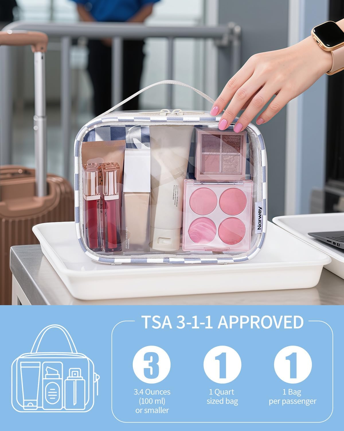 TSA Approved Clear Toiletry Bag for Travel, Waterproof PVC Clear Makeup Bags, Portable Compact Cosmetic Bag Make Up Organizer, Airport Airline Quart Size Compliant Bag (Dusty Pink Stripe)