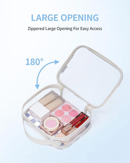 TSA Approved Clear Toiletry Bag for Travel, Waterproof PVC Clear Makeup Bags, Portable Compact Cosmetic Bag Make Up Organizer, Airport Airline Quart Size Compliant Bag (Dusty Pink Stripe)