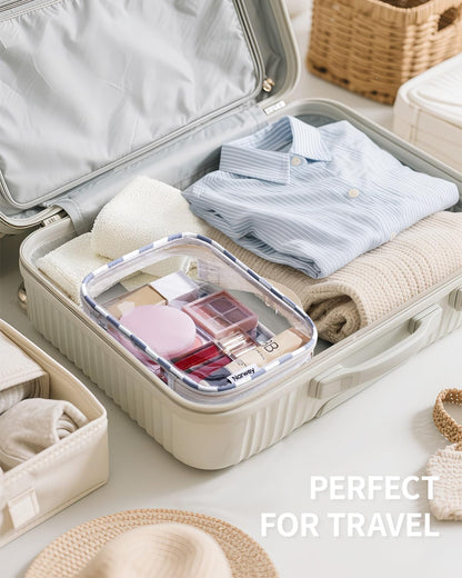 TSA Approved Clear Toiletry Bag for Travel, Waterproof PVC Clear Makeup Bags, Portable Compact Cosmetic Bag Make Up Organizer, Airport Airline Quart Size Compliant Bag (Dusty Pink Stripe)