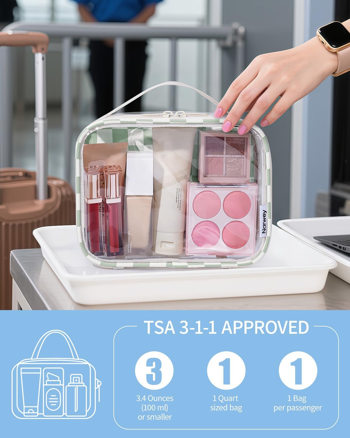 TSA Approved Clear Toiletry Bag for Travel, Waterproof PVC Clear Makeup Bags, Portable Compact Cosmetic Bag Make Up Organizer, Airport Airline Quart Size Compliant Bag (Dusty Pink Stripe)