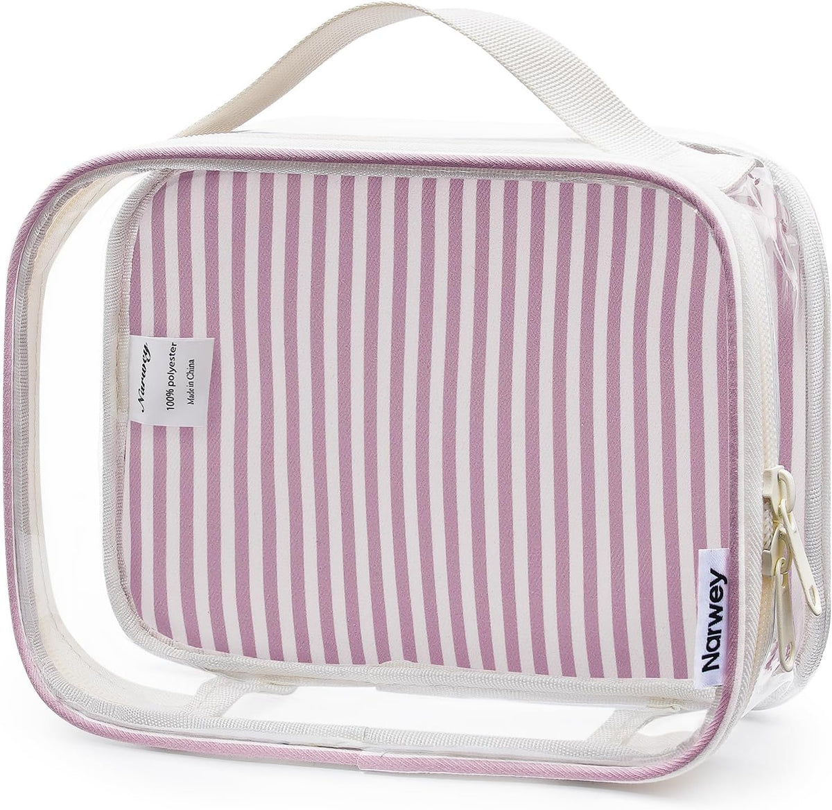 TSA Approved Clear Toiletry Bag for Travel, Waterproof PVC Clear Makeup Bags, Portable Compact Cosmetic Bag Make Up Organizer, Airport Airline Quart Size Compliant Bag (Dusty Pink Stripe)