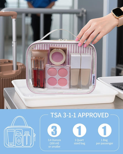 TSA Approved Clear Toiletry Bag for Travel, Waterproof PVC Clear Makeup Bags, Portable Compact Cosmetic Bag Make Up Organizer, Airport Airline Quart Size Compliant Bag (Dusty Pink Stripe)