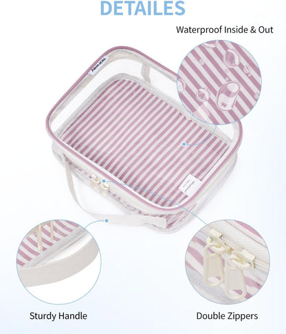 TSA Approved Clear Toiletry Bag for Travel, Waterproof PVC Clear Makeup Bags, Portable Compact Cosmetic Bag Make Up Organizer, Airport Airline Quart Size Compliant Bag (Dusty Pink Stripe)