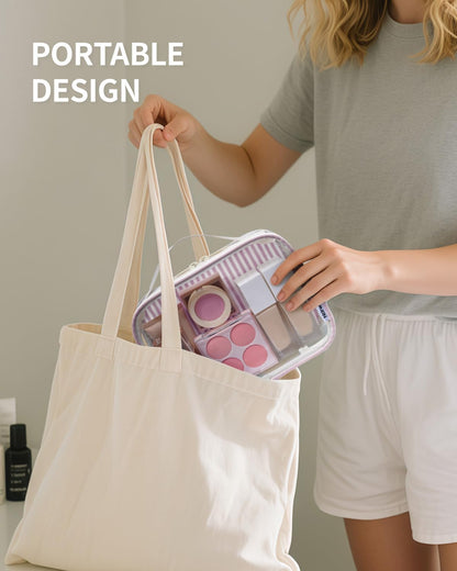 TSA Approved Clear Toiletry Bag for Travel, Waterproof PVC Clear Makeup Bags, Portable Compact Cosmetic Bag Make Up Organizer, Airport Airline Quart Size Compliant Bag (Dusty Pink Stripe)