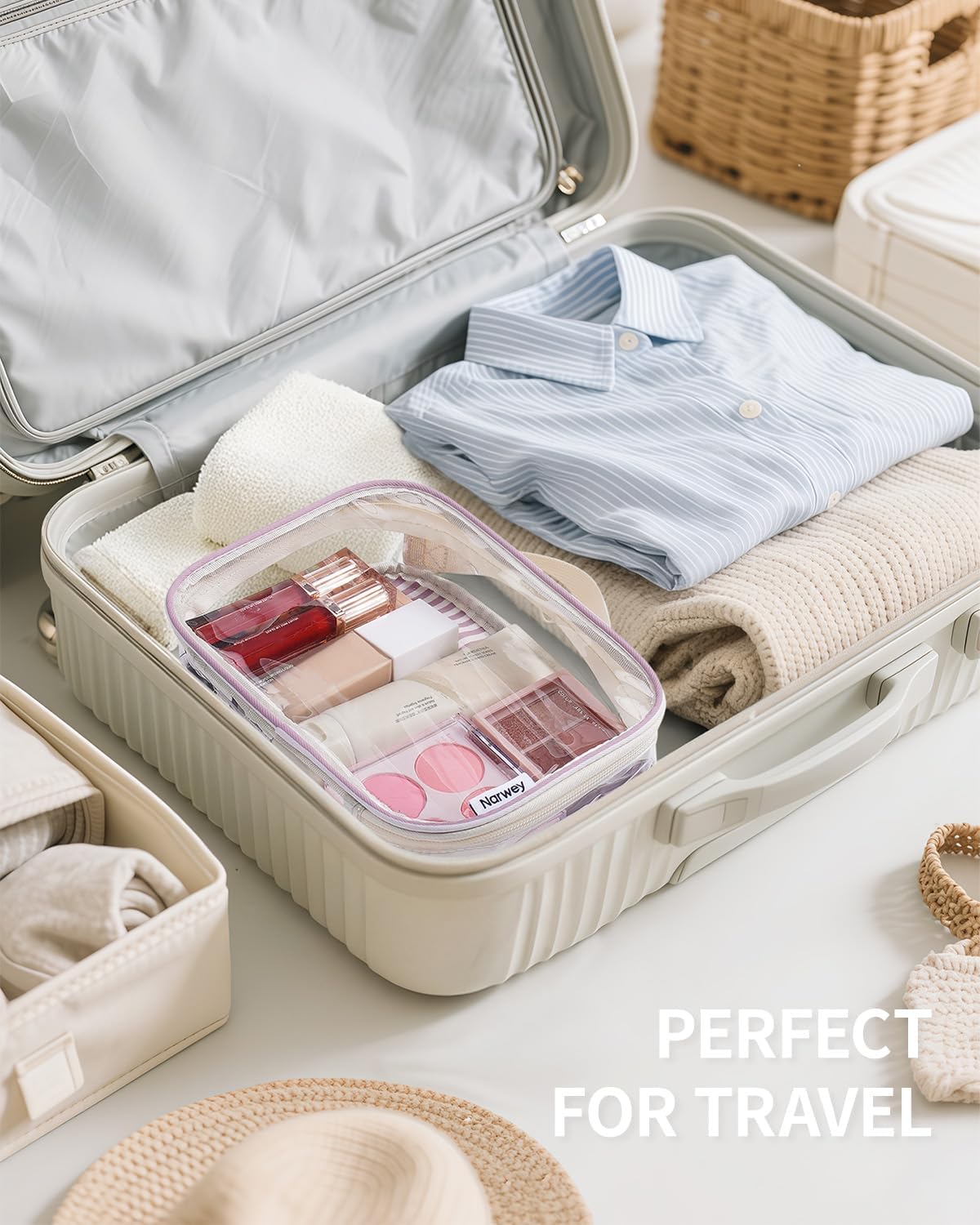 TSA Approved Clear Toiletry Bag for Travel, Waterproof PVC Clear Makeup Bags, Portable Compact Cosmetic Bag Make Up Organizer, Airport Airline Quart Size Compliant Bag (Dusty Pink Stripe)