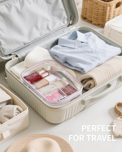 TSA Approved Clear Toiletry Bag for Travel, Waterproof PVC Clear Makeup Bags, Portable Compact Cosmetic Bag Make Up Organizer, Airport Airline Quart Size Compliant Bag (Dusty Pink Stripe)