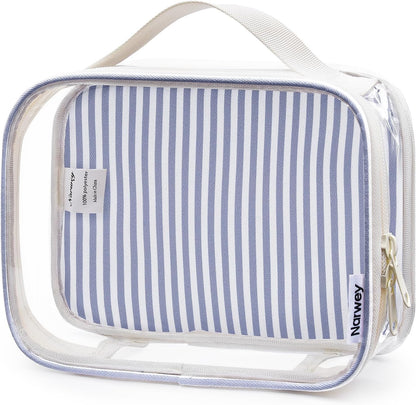 TSA Approved Clear Toiletry Bag for Travel, Waterproof PVC Clear Makeup Bags, Portable Compact Cosmetic Bag Make Up Organizer, Airport Airline Quart Size Compliant Bag (Dusty Pink Stripe)