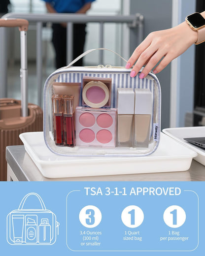 TSA Approved Clear Toiletry Bag for Travel, Waterproof PVC Clear Makeup Bags, Portable Compact Cosmetic Bag Make Up Organizer, Airport Airline Quart Size Compliant Bag (Dusty Pink Stripe)