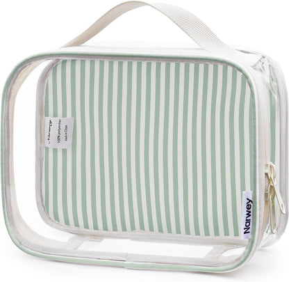 TSA Approved Clear Toiletry Bag for Travel, Waterproof PVC Clear Makeup Bags, Portable Compact Cosmetic Bag Make Up Organizer, Airport Airline Quart Size Compliant Bag (Dusty Pink Stripe)