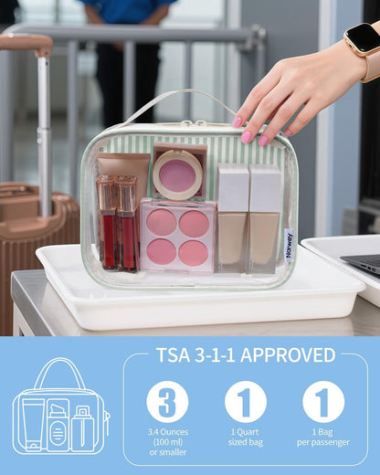 TSA Approved Clear Toiletry Bag for Travel, Waterproof PVC Clear Makeup Bags, Portable Compact Cosmetic Bag Make Up Organizer, Airport Airline Quart Size Compliant Bag (Dusty Pink Stripe)