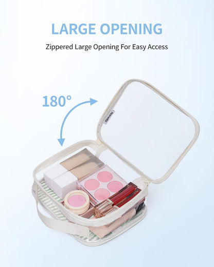 TSA Approved Clear Toiletry Bag for Travel, Waterproof PVC Clear Makeup Bags, Portable Compact Cosmetic Bag Make Up Organizer, Airport Airline Quart Size Compliant Bag (Dusty Pink Stripe)