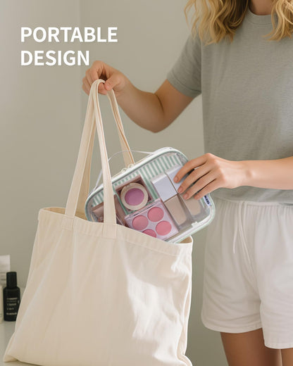 TSA Approved Clear Toiletry Bag for Travel, Waterproof PVC Clear Makeup Bags, Portable Compact Cosmetic Bag Make Up Organizer, Airport Airline Quart Size Compliant Bag (Dusty Pink Stripe)