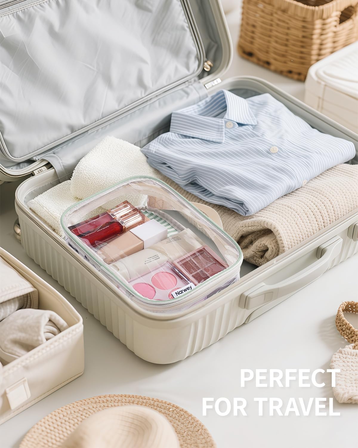 TSA Approved Clear Toiletry Bag for Travel, Waterproof PVC Clear Makeup Bags, Portable Compact Cosmetic Bag Make Up Organizer, Airport Airline Quart Size Compliant Bag (Dusty Pink Stripe)