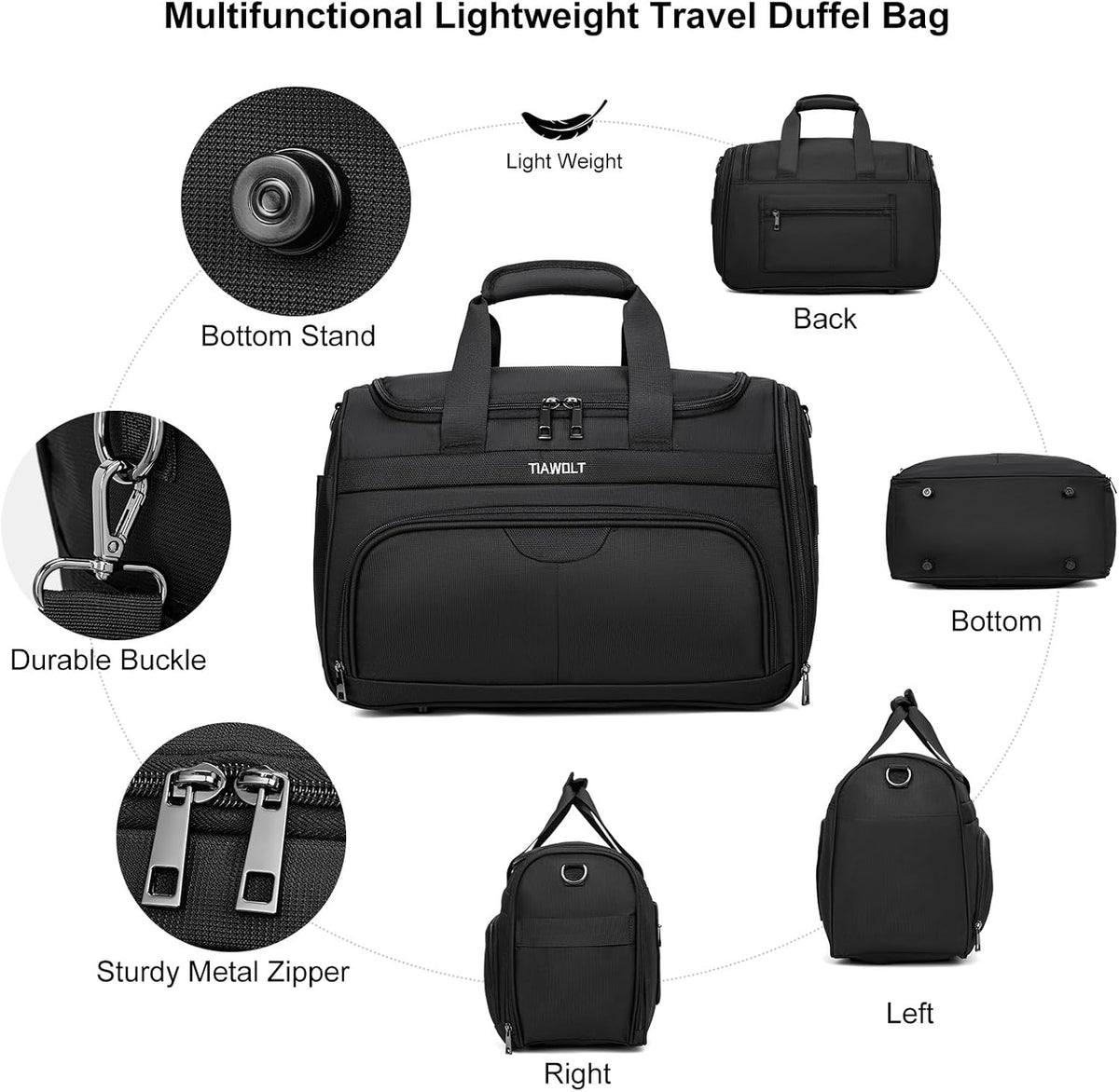 Underseat Carry On Luggage Lightweight Travel Tote Weekender Bag Overnight Duffle for Trip, Travel Essentials Personal Item Travel Bag for Women and Men,Black