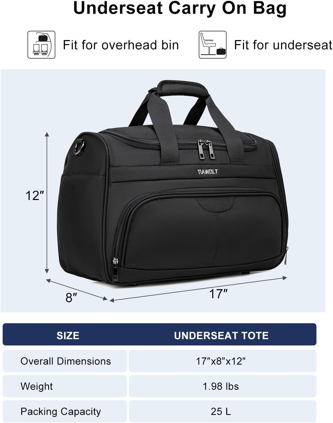Underseat Carry On Luggage Lightweight Travel Tote Weekender Bag Overnight Duffle for Trip, Travel Essentials Personal Item Travel Bag for Women and Men,Black