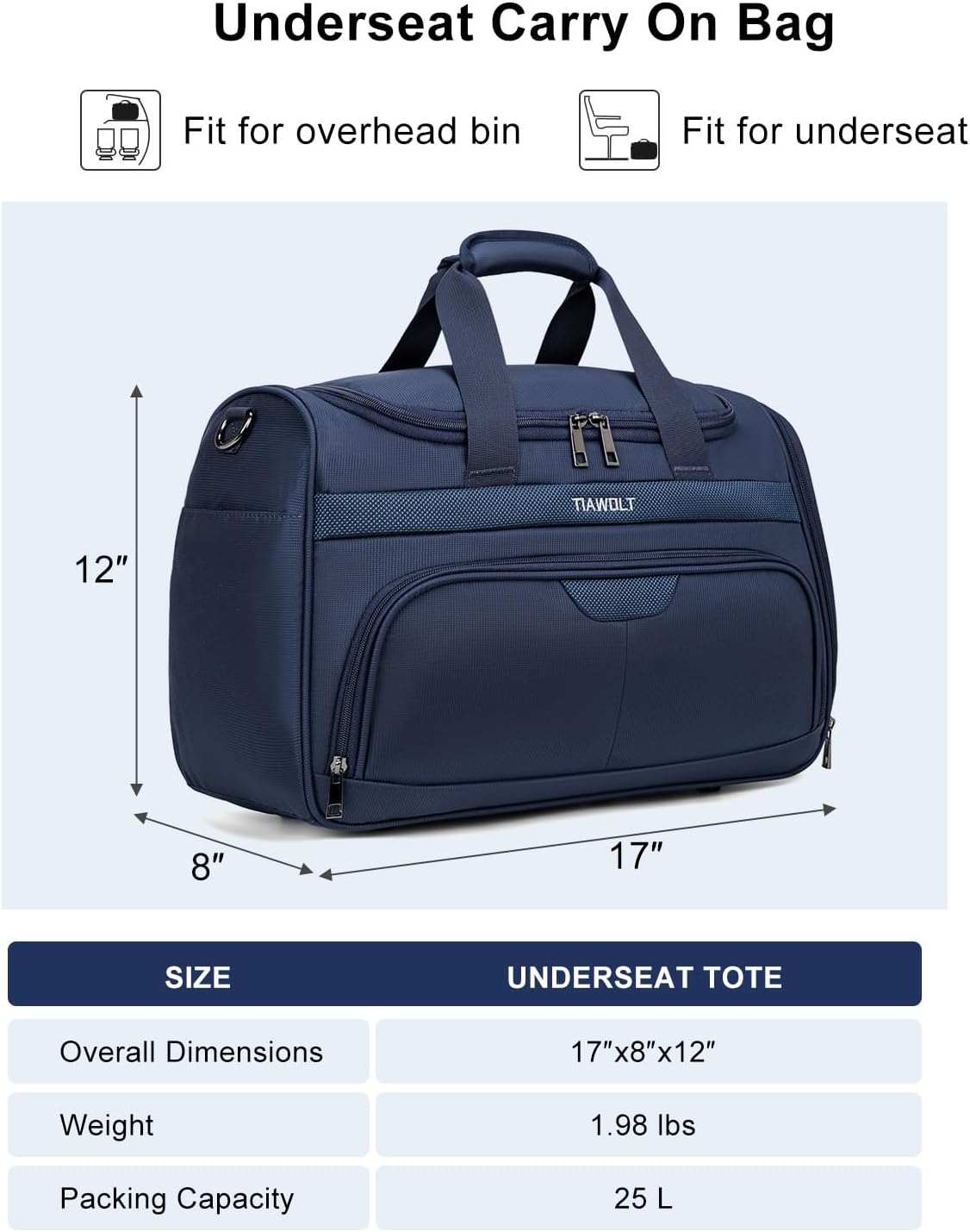 Underseat Carry On Luggage Lightweight Travel Tote Weekender Bag Overnight Duffle for Trip, Travel Essentials Personal Item Travel Bag for Women and Men,Black